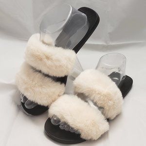 White Faux Fuzzy Fur Slides